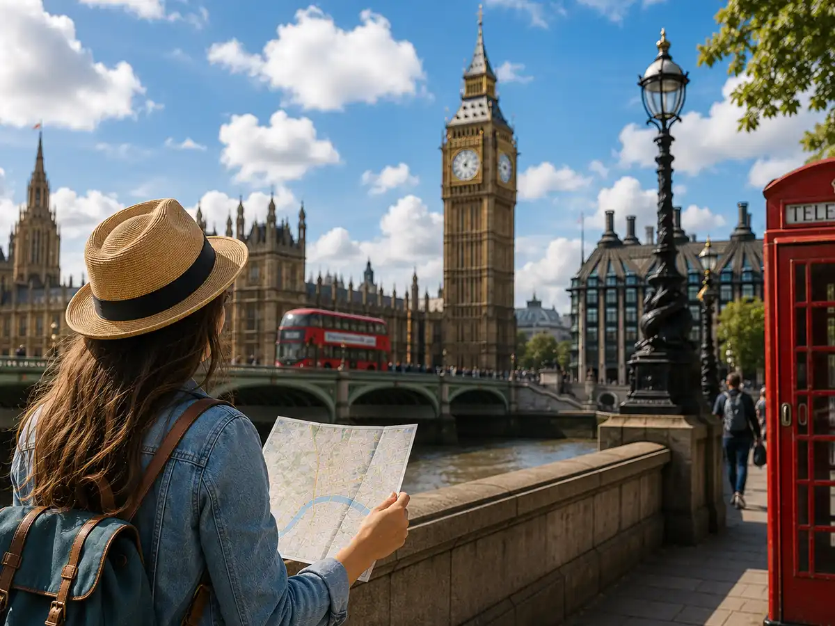 A traveller planning a trip with a map in London