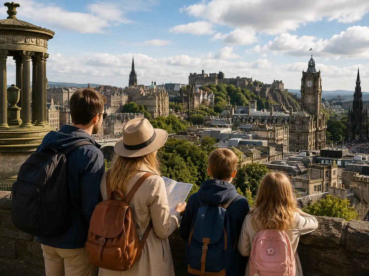 A family looking out over the Edinburgh skyline