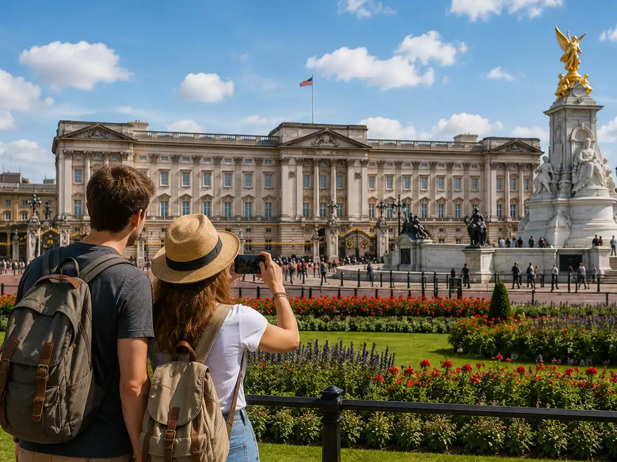 A couple taking photos in front of Buckingham Palace
